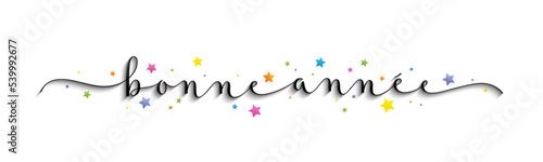 Bannière calligraphique noir BONNE ANNEE 2023 avec étoiles colorées