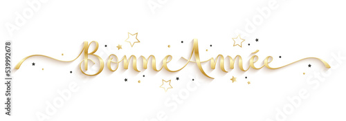 Bannière calligraphique dorée BONNE ANNEE 2023 avec étoiles