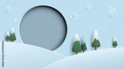 Abstract 3 dimension paper cut winter season concept with blank circle frame.