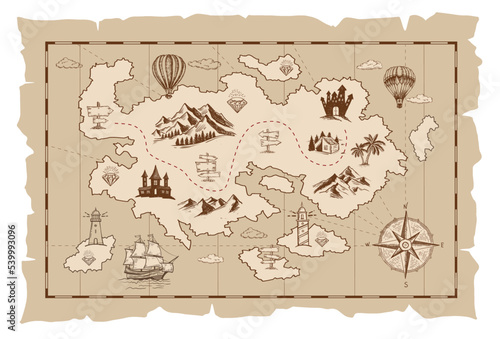 Old treasure map vector sketch. Hand drawn illustrations, vector.	
