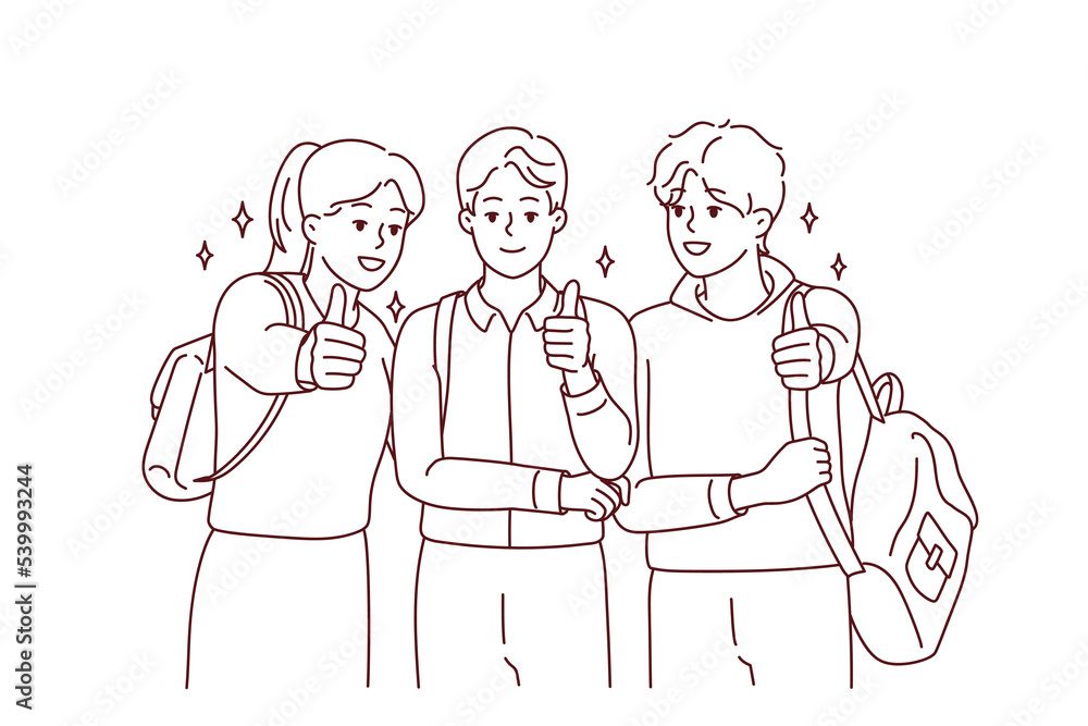 Portrait of happy students with backpack posing together showing thumbs up for good education. Smiling youth recommend college or university. Vector illustration. Portrait of happy students with backpack posing together showing thumbs up for good education. Smiling youth recommend college or university. Vector illustration.