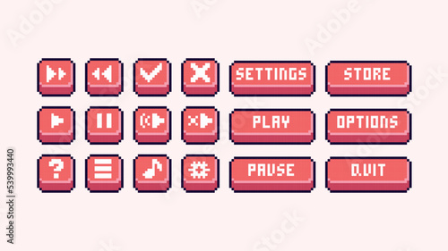 Interface menu buttons pixel art set. Menu panel collection. Play, pause, store, settings, options, quit. 8 bit sprite. Game development, mobile app. Isolated vector illustration.