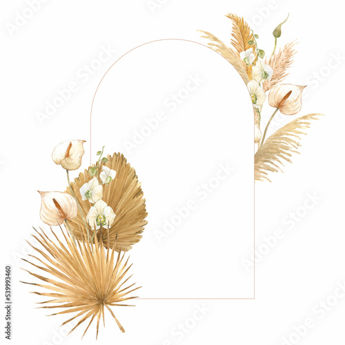 Beautiful floral frame stock clip art illustration with hand drawn watercolor palm leaves and white orchid anthurium flowers.