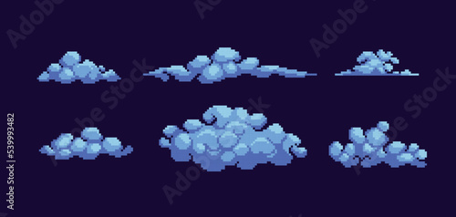 Fluffy clouds pixel art icon set. Smoke or fog, sky elements logo collection. 8-bit sprite. Game development, mobile app. Isolated vector illustration.