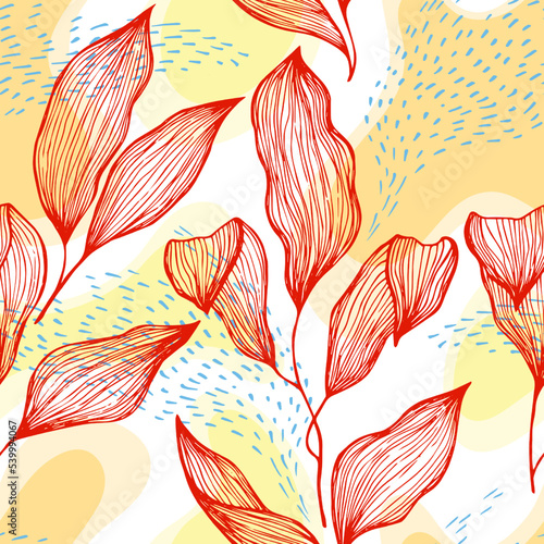 Sketch style doodle line texture leaves over stains and dots seamless vector ...