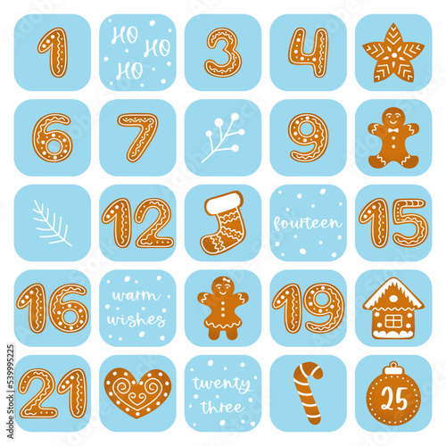 Christmas advent calendar with gingerbread cookies and doodle elements. Winter holiday theme. Vector illustration in flat style isolated on white background.