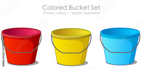 Colored bucket set. Primary colors red blue yellow tin gallon. Colorful   water bearer template. Handle summer, sand pails. toy clipart. Illustration draw vector