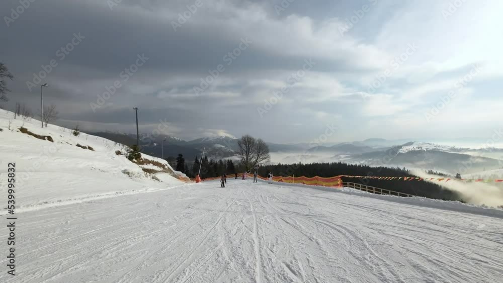 A picturesque ski slope, first-person view. POV A picturesque ski slope, first-person view. POV