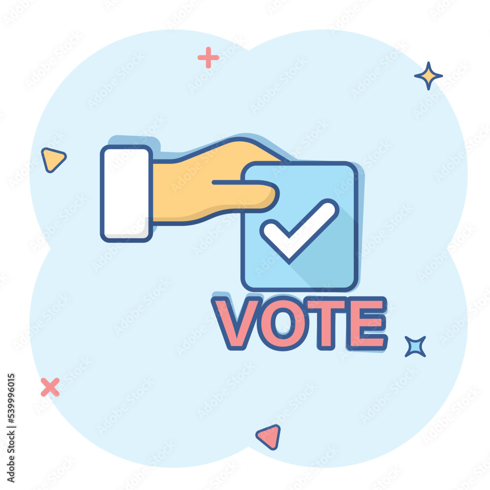Vote icon in comic style. Ballot box cartoon vector illustration on white isolated background. Election splash effect business concept. Vote icon in comic style. Ballot box cartoon vector illustration on white isolated background. Election splash effect business concept.