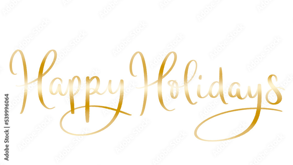 HAPPY HOLIDAYS metallic gold brush lettering banner on transparent background