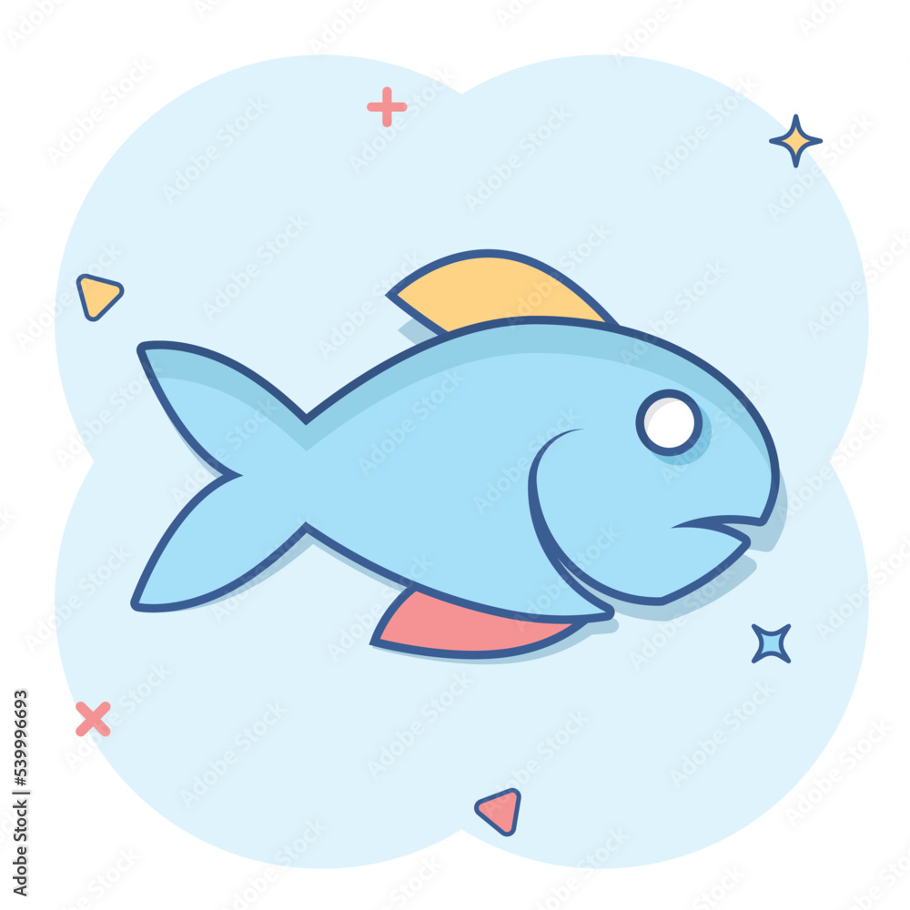 Fish icon in comic style. Seafood cartoon vector illustration on white isolated background. Sea animal splash effect business concept. Fish icon in comic style. Seafood cartoon vector illustration on white isolated background. Sea animal splash effect business concept.