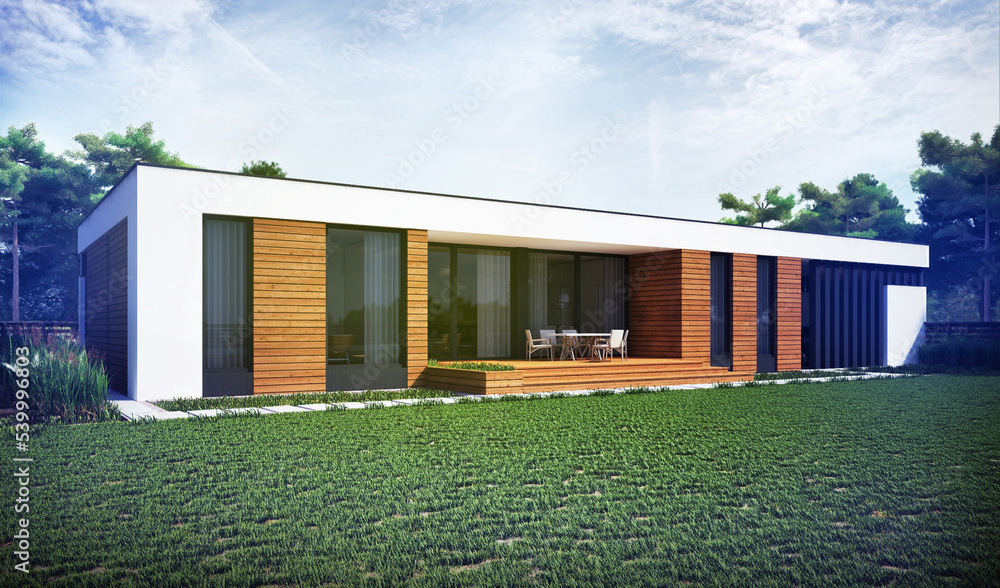 Modern villa with a large terrace and panoramic windows. 3d visualization. Unique architecture.
Modern villa with a large terrace and panoramic windows. 3d visualization. Unique architecture.