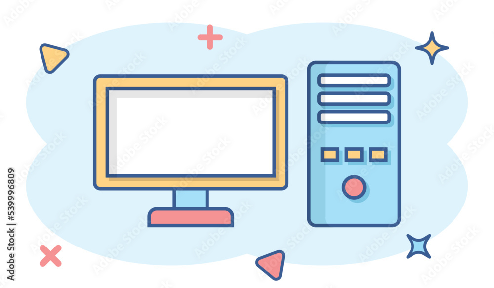 Pc computer icon in comic style. Desktop cartoon vector illustration on white isolated background. Device monitor splash effect business concept. Pc computer icon in comic style. Desktop cartoon vector illustration on white isolated background. Device monitor splash effect business concept.
