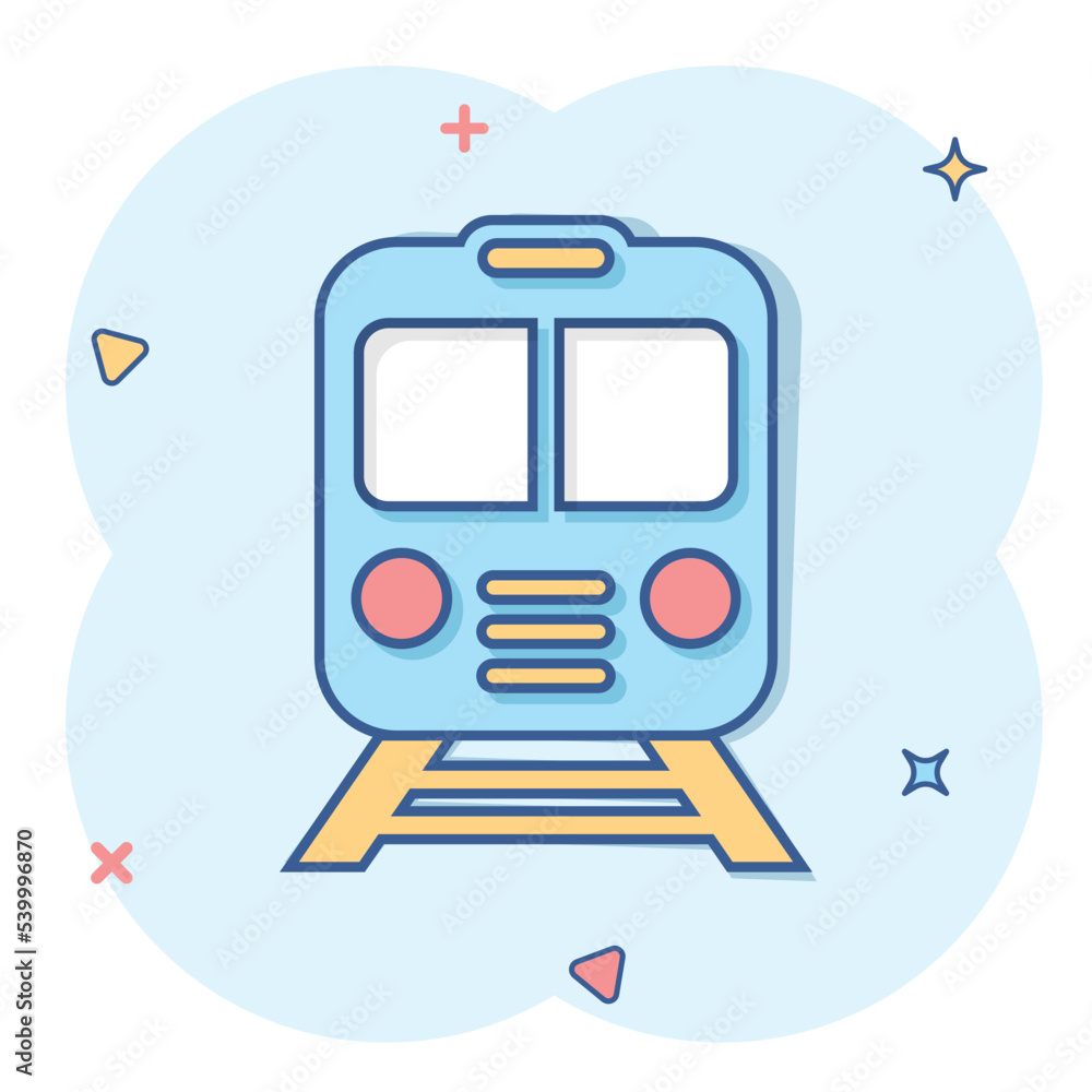 Metro icon in comic style. Train subway cartoon vector illustration on white isolated background. Railroad cargo splash effect business concept. Metro icon in comic style. Train subway cartoon vector illustration on white isolated background. Railroad cargo splash effect business concept.