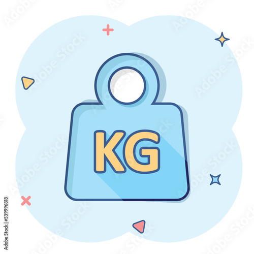 Scale icon in comic style. Kilogram dumbbell cartoon vector illustration on white isolated background. Gym splash effect business concept.