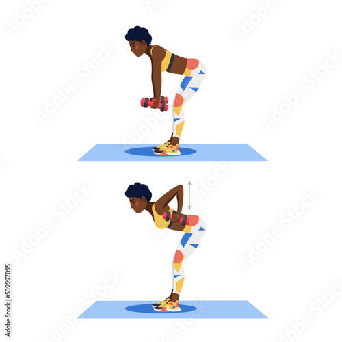 Arms Dumbbell Row exercise, young female athlete doing fitness exercise, fitness at home.