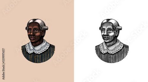 Elegant old woman. Afro american Lady. Victorian era. Fashion and clothes. Hand drawn Old sketch. Vintage engraved illustration. 