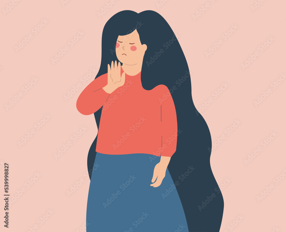 Activist woman saying NO and rejects something in front of her. Strong female expresses disagreement and protest. Concept of Body language and non verbal communication of STOP and ENOUGH. Vector stock Activist woman saying NO and rejects something in front of her. Strong female expresses disagreement and protest. Concept of Body language and non verbal communication of STOP and ENOUGH. Vector stock