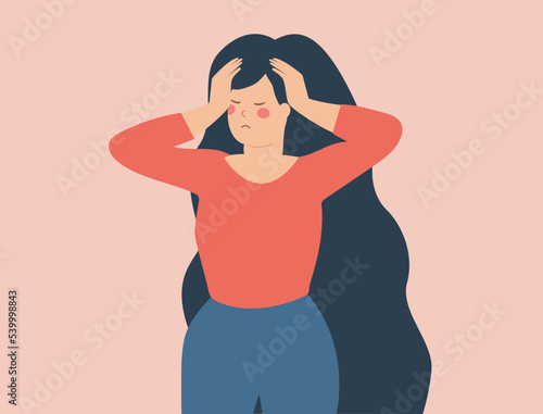 Woman has headache on top of her head. Female suffers from migraine, stress and depression at work due to labor exploitation. Illustration of burnout and breakdown. Concept of mental health disorder.