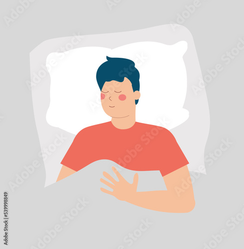 Relaxed man sleeping at night lying in his bed. Male taking a nap snores and sees happy dreams. Stress free, mental health wellbeing, body care, positive mind concept. Vector illustration