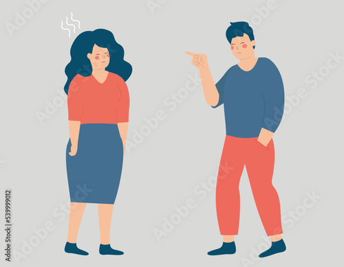 Man blames and accuses a woman and points his finger at her. Wife feeling sad due to abuse and harassment. Stop domestic violence and bullying against women. Concept of verbal assault between couple.