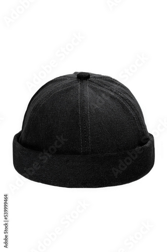 Close-up shot of a black denim docker cap with a turn up brim. A men's cap without a visor is isolated on a white background. Front view.