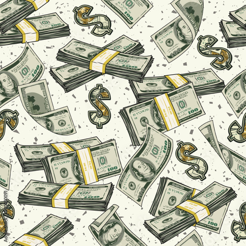 Money seamless pattern with dollar wads, stacks, dollar sign. Falling, flying 100 US dollar banknotes. Heap, pile of money. Detailed vintage vector illustration.