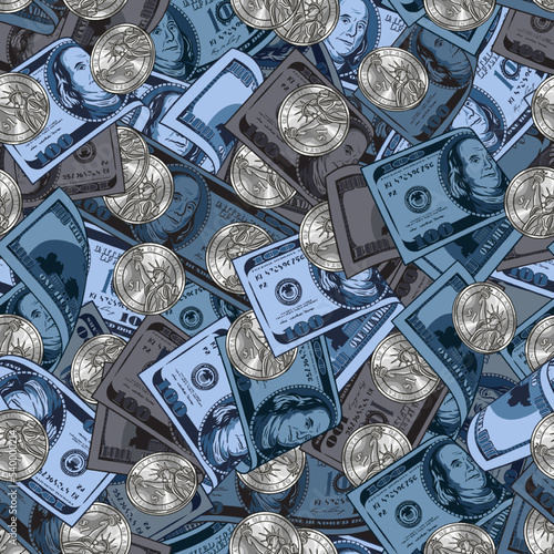 Blue camouflage pattern with 100 dollar banknote, silver coins. Dense composition with overlapping elements.