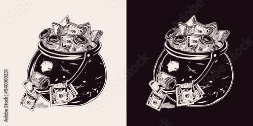 Iron cauldron full of cash money in vintage style. 100 US dollar banknotes and one dollar coin. Concept of high earnings and savings. Detailed vector illustration on a black, white background.