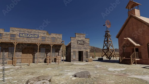 3D animation of a western ghost town on a sunny day, including several old west artifacts