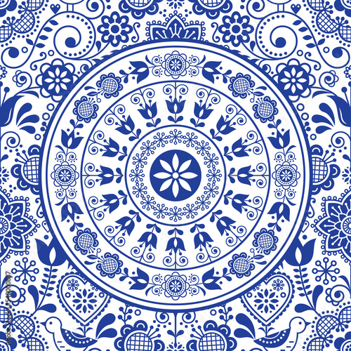 Scandinavian folk art vector mandala design with flowers and birds - greeting card or seamless pattern

