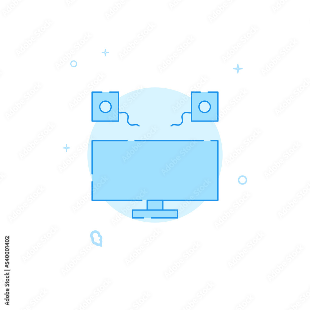 TV with music speakers vector icon. Flat illustration. Filled line style. Blue monochrome design. Editable stroke. Adjust line weight. TV with music speakers vector icon. Flat illustration. Filled line style. Blue monochrome design. Editable stroke. Adjust line weight.