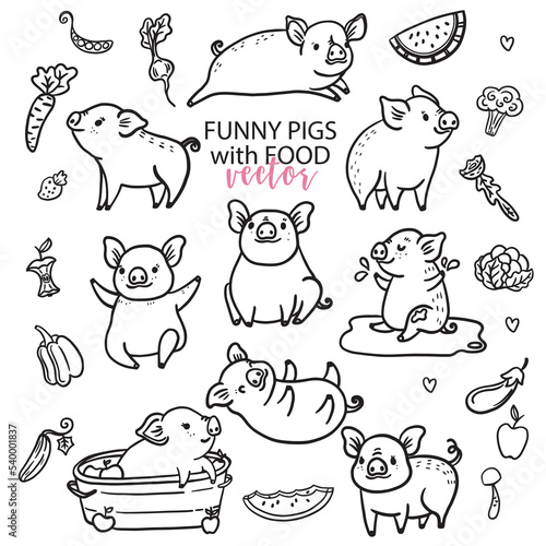 Pigs different poses, animal cute characters with vegetables and fruits, line art over white, coloring page