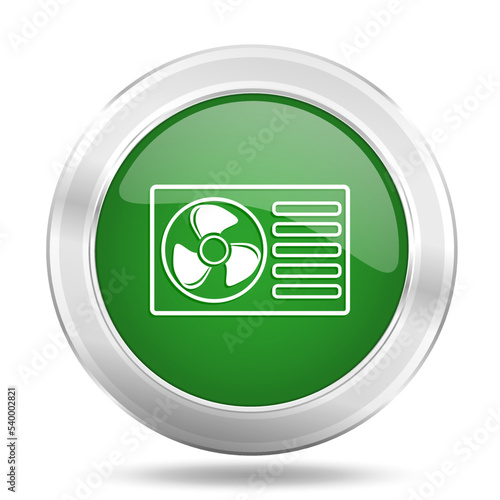 Heat pump green glossy vector icon, renewable energy concept silver metallic round web button