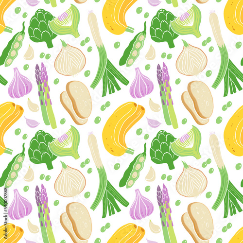 Prebiotic products  sources of these bacteria  nutrient rich food. Vector seamless pattern of soy beans asparagus onion banana garlic artichoke. Vegetables and fruit for gut health.