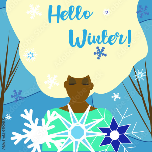 hello winter girl with snowflakes snow lettering