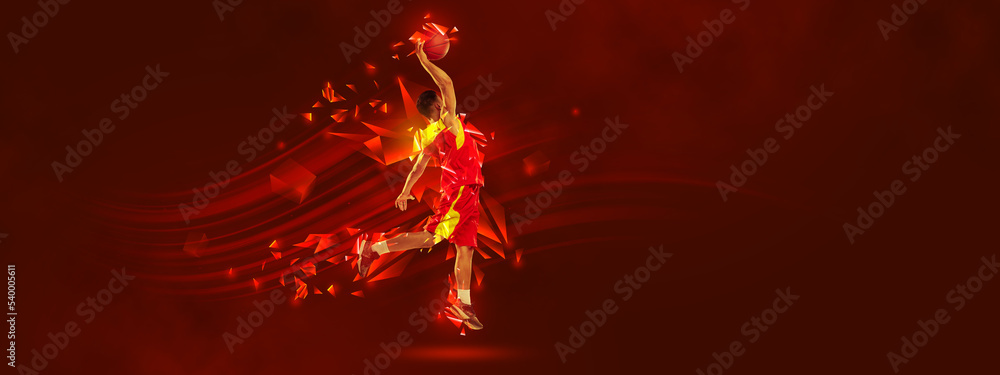 Creative artwork. Sportive man, basketball player in motion over red background with polygonal and fluid neon elements. Scoring goal Creative artwork. Sportive man, basketball player in motion over red background with polygonal and fluid neon elements. Scoring goal