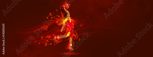 Creative artwork. Sportive man, basketball player in motion over red background with polygonal and fluid neon elements. Scoring goal