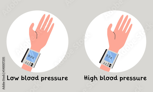 Low and high blood pressure. Sphygmomanometer. Flat vector illustration. Healthcare, sickness, disease concept