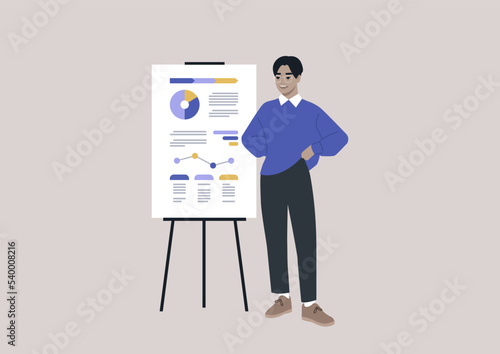 Data analysis and optimization, Young male Asian character presenting a research report printed on a flip chart
