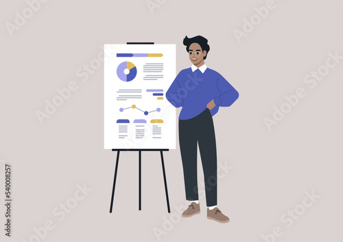 Data analysis and optimization, Young male Caucasian character presenting a research report printed on a flip chart