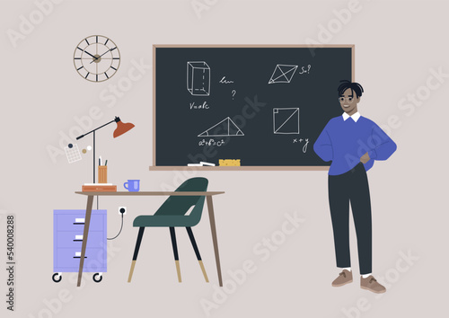 Geometry lesson, A young male African teacher or student standing next to a chalkboard