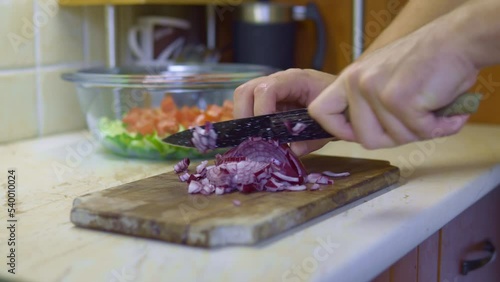 chopping red onion for salad in the kitchen, chef hands photo