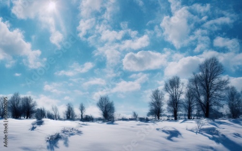 Blue winter landscape. Snow-covered forest against a blue sky with clouds. Fields of snow. Beautiful natural 3D illustration. 3D render. © Irina