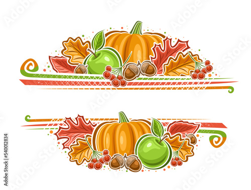 Vector border for Thanksgiving Day with empty copy space for congratulation text, decorative invitation with illustration of orange pumpkin, green apples and rowan branch for thanksgiving day on white