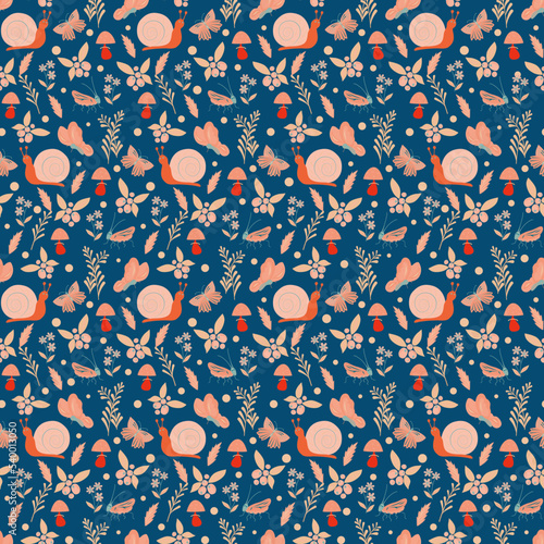 Seamless natural geometrical pattern, snails and leaves, dark blue background. Vector, hand drawn. 