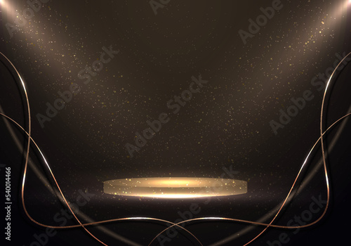 3D podium brown stage scene background with spotlights and dust particles