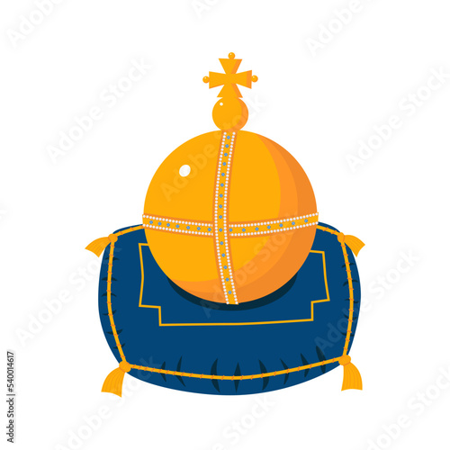 Globus cruciger on the ceremonial pillow, cross bearing imperial orb. Cartoon vector illustration. Royal gold jewelry. King, queen monarchy imperial symbol. Isolated on a white background photo