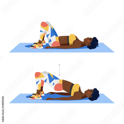 Glute bridge exercise, young female athlete doing fitness exercise, fitness at home.