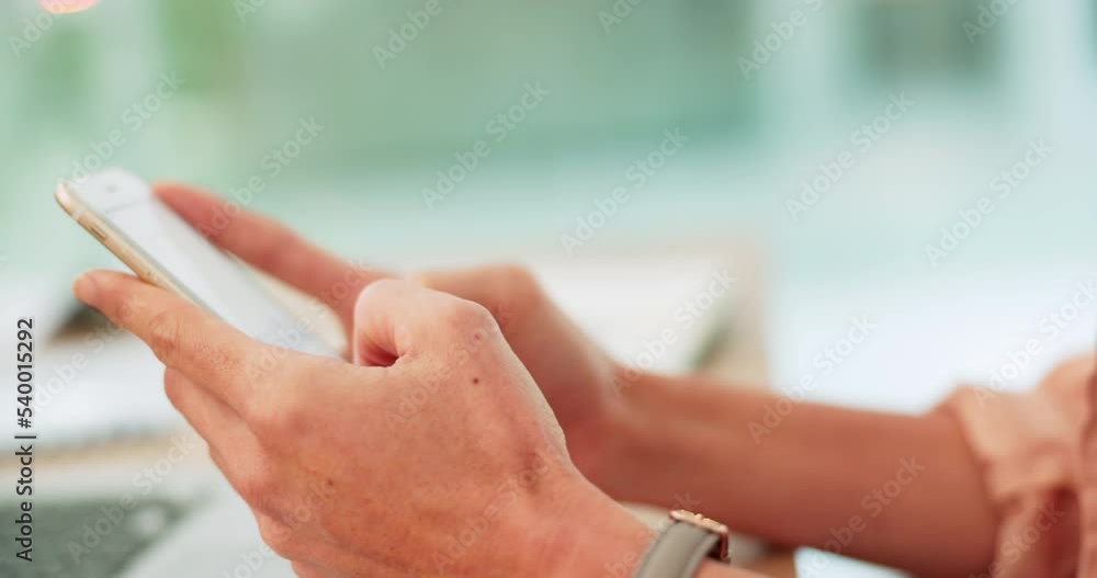 Hands, phone and communication with a business woman typing a text message while sitting at her desk in the office. Mobile, contact us and networking with a female employee sending an email reply